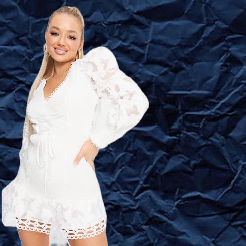 ASOS Design Long‎ Sleeve Lace Mini Dress Sz 4 White Maximalist Bridal Scuba Knit